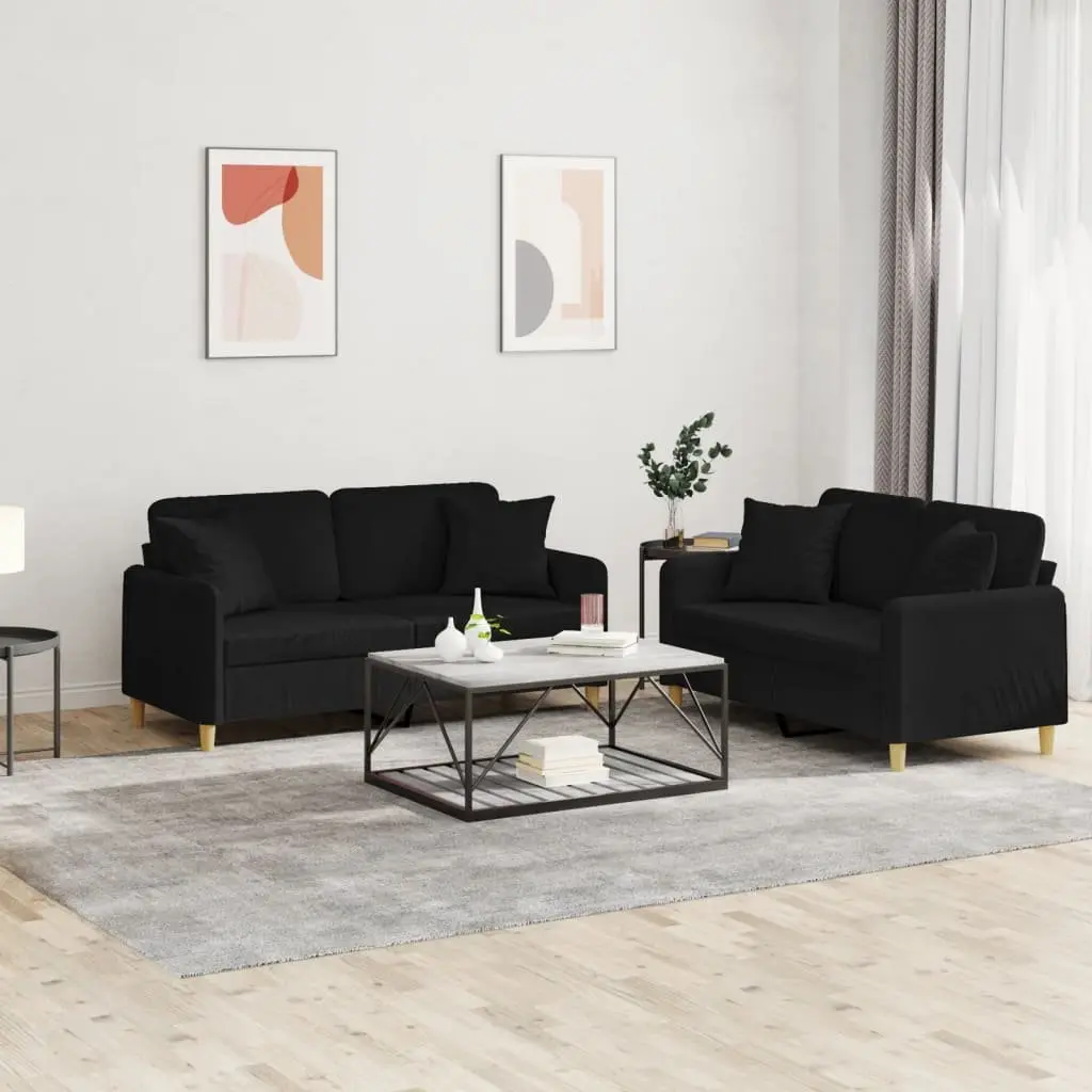 2 Piece Sofa Set Black Fabric Couch Durable Upholstery