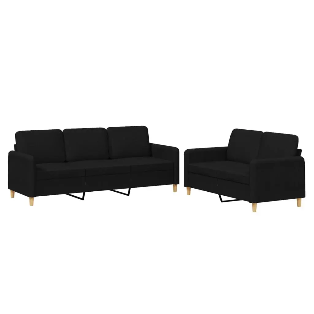 2 Piece Sofa Set Black Fabric Durable Upholstery Thickly Padded Cushions