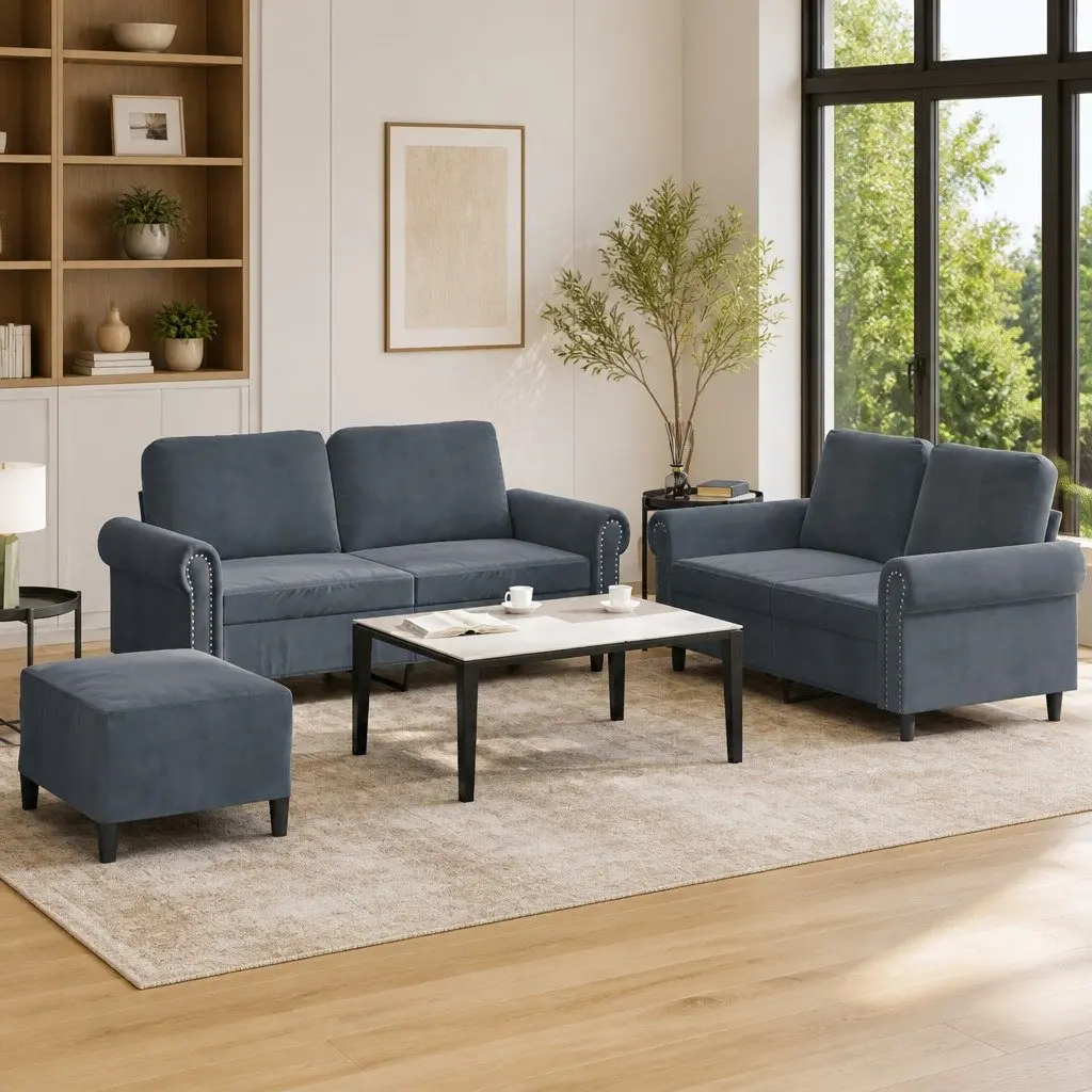 3 Piece Sofa Set Grey Velvet Soft Upholstery Compact Lounge Suite with Footstool