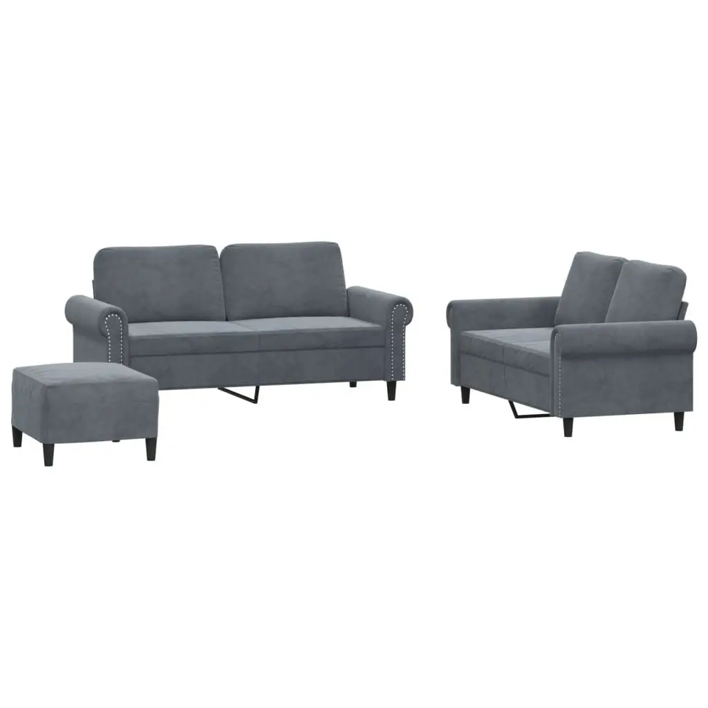 3 Piece Sofa Set Grey Velvet Soft Upholstery Compact Lounge Suite with Footstool
