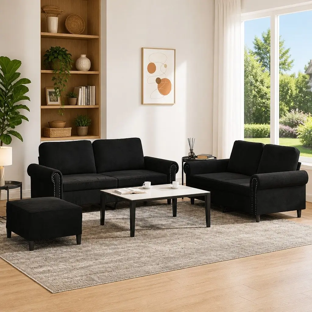 3 Piece Sofa Set with Cushions Black Velvet Living Room Furniture Couch