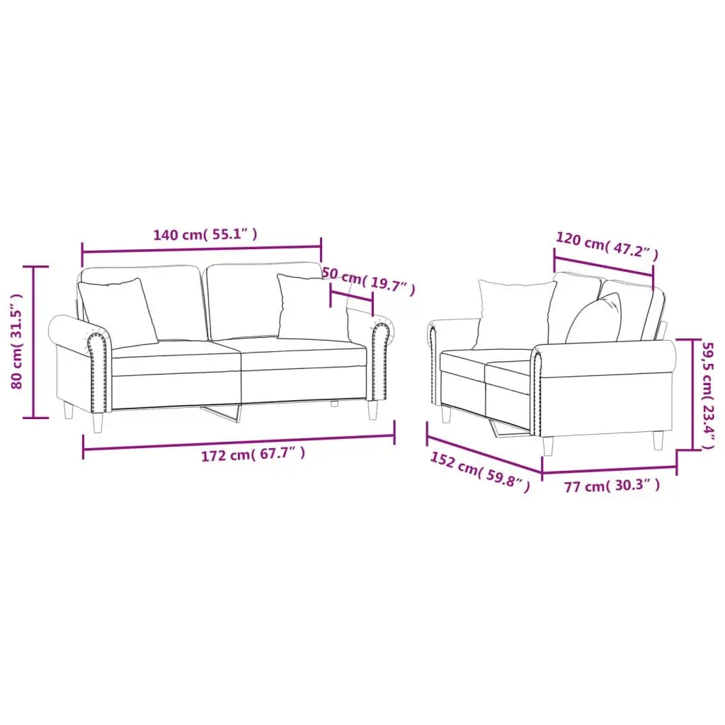 2 Piece Sofa Set Grey Velvet with Pillows Comfortable Sectional Living Room
