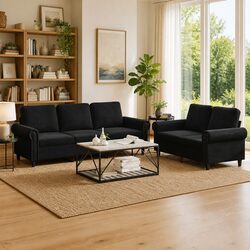 Stylish Black Velvet Sofa Set: 2 Pieces for Your Living Room