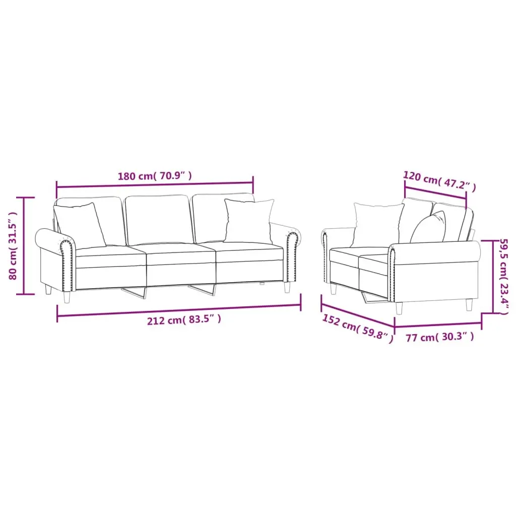 2 Piece Sofa Set Grey Velvet Upholstery Thickly Padded Seat and Armrests