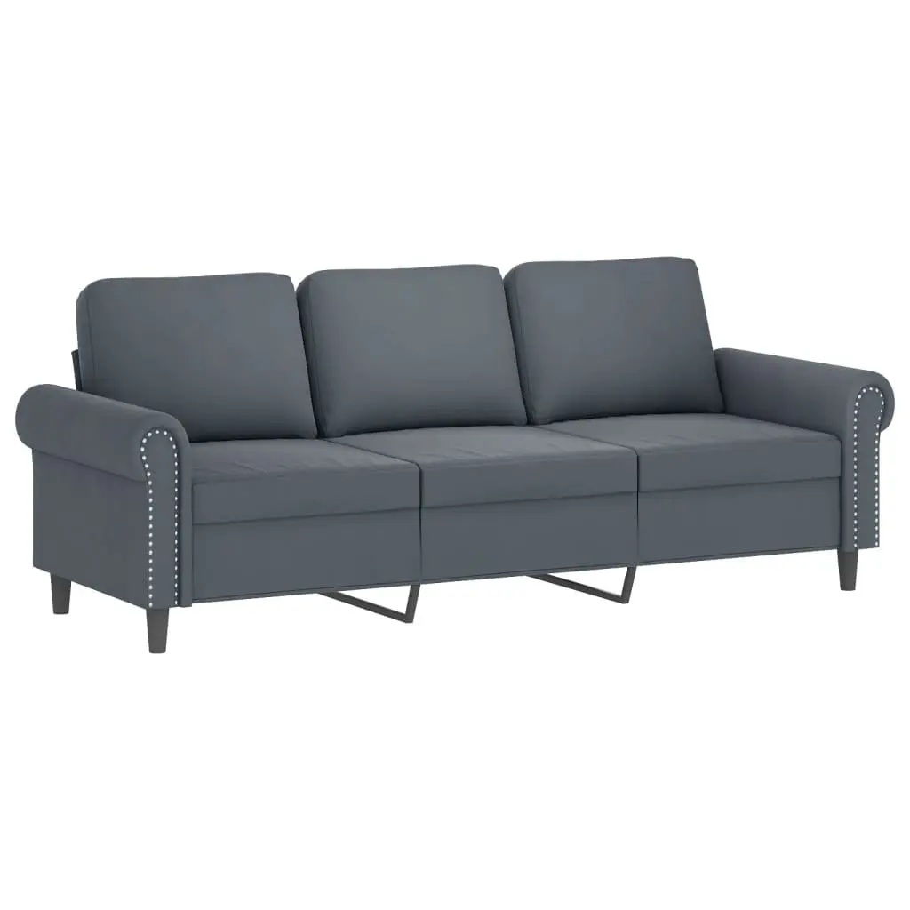 3 Piece Sofa Set with Footstool Throw Pillows Grey Velvet Living Room Furniture