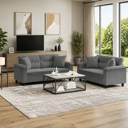 2 Piece Sofa Set Grey Microfibre Fabric Lounge Suite with Throw Pillows