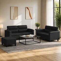 3 Piece Sofa Set with Cushions Footstool Black Faux Leather Living Room