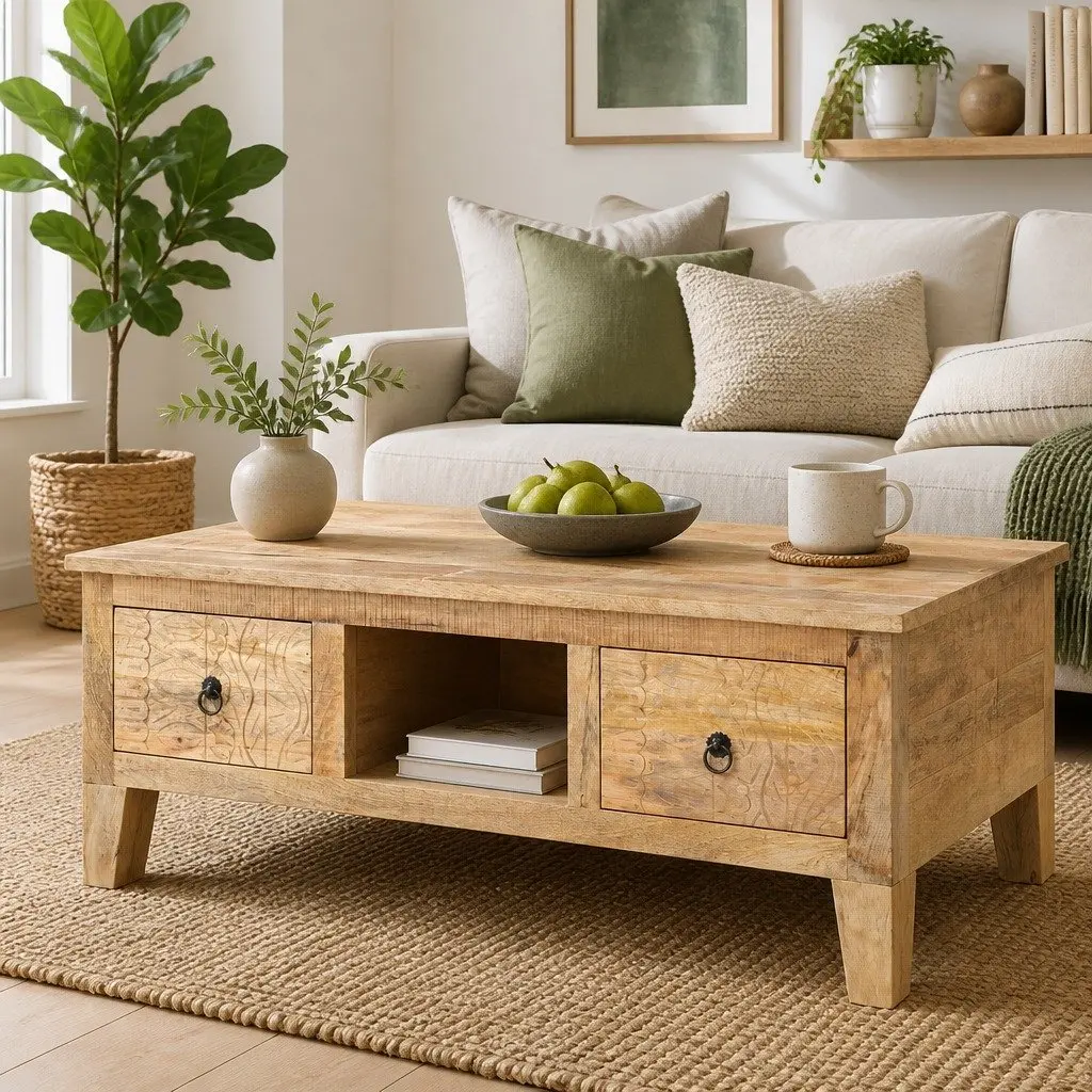 Coffee Table 100x55x40 cm with Drawers and Storage Compartment Solid Mango Wood Living Room Furniture