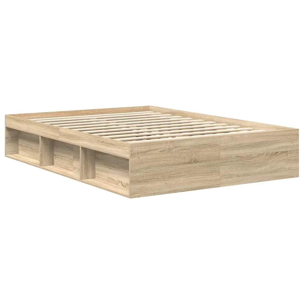 Wooden Bed Frame Queen Size Engineered with Storage Compartments Brown