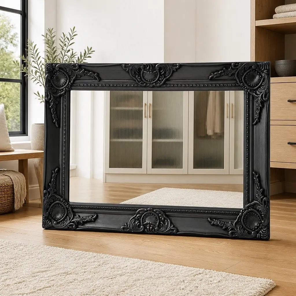 Wall Mirror 60x40 cm Black Ornate Frame Baroque Style Decor