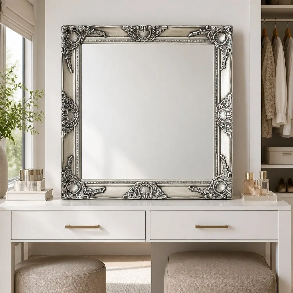 Wall Mirror 60x60 cm Baroque Style Silver Frame Ornate Decor