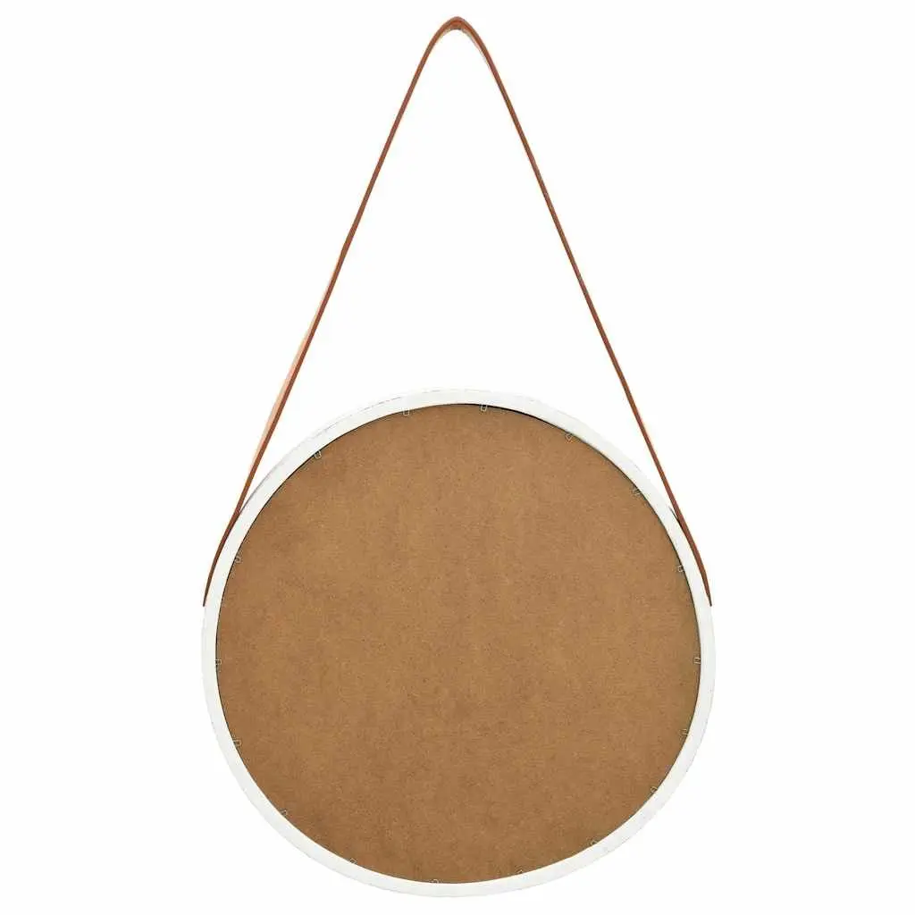 Round Wall Mirror 40cm White Wooden Frame Hanging Strap Bedroom Living Room