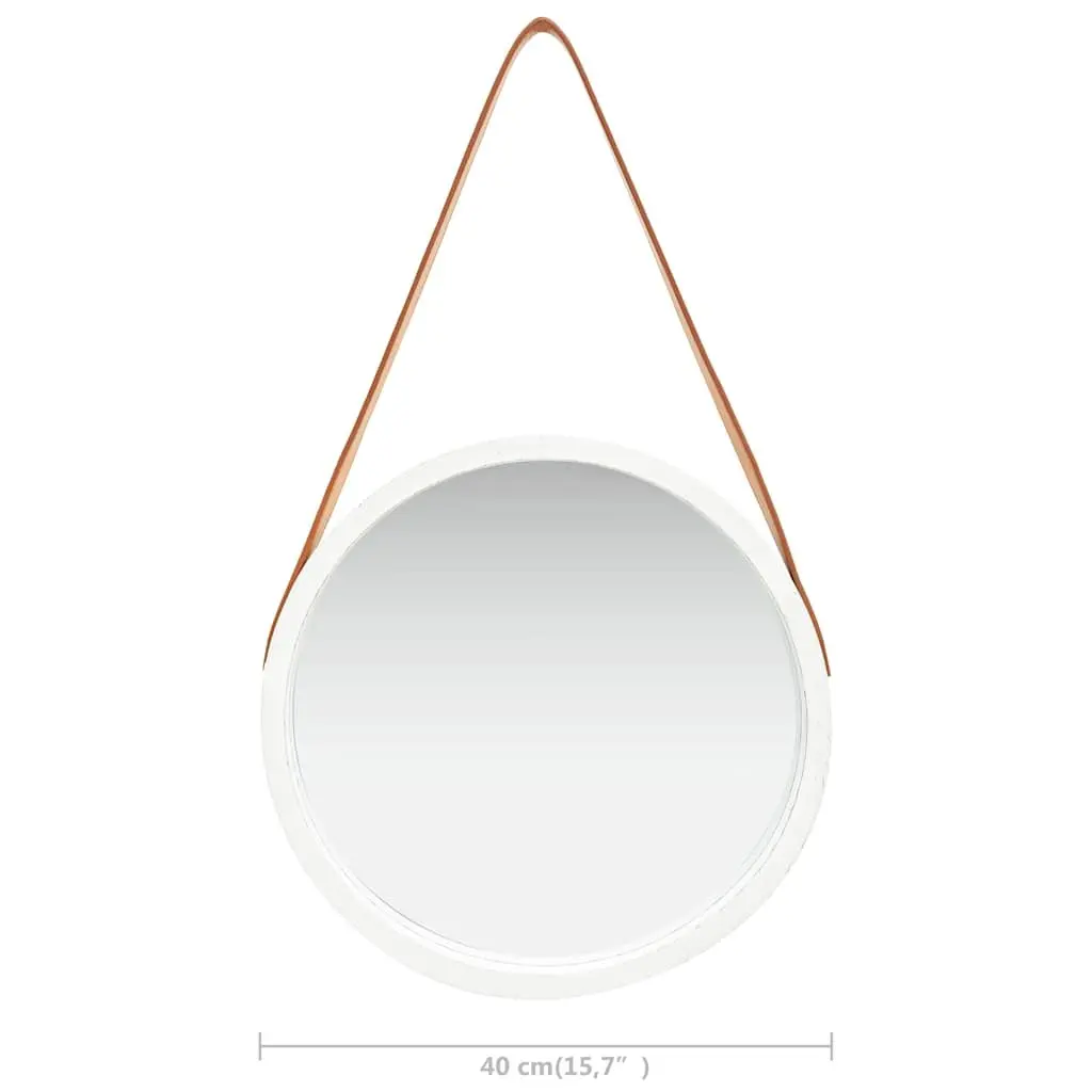 Round Wall Mirror 40cm White Wooden Frame Hanging Strap Bedroom Living Room