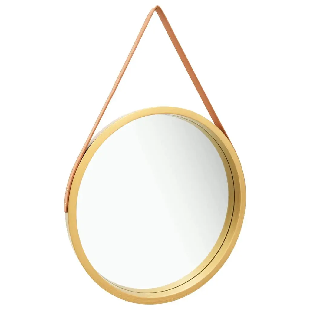 Round Wall Mirror 60cm Gold Frame Adjustable Faux Leather Strap Bedroom Living Room Decor
