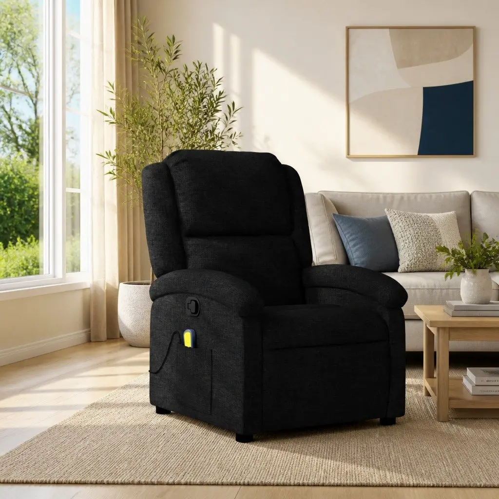 Massage Recliner Chair Black Fabric Manual Recline 6 Massage Points Adjustable Footrest