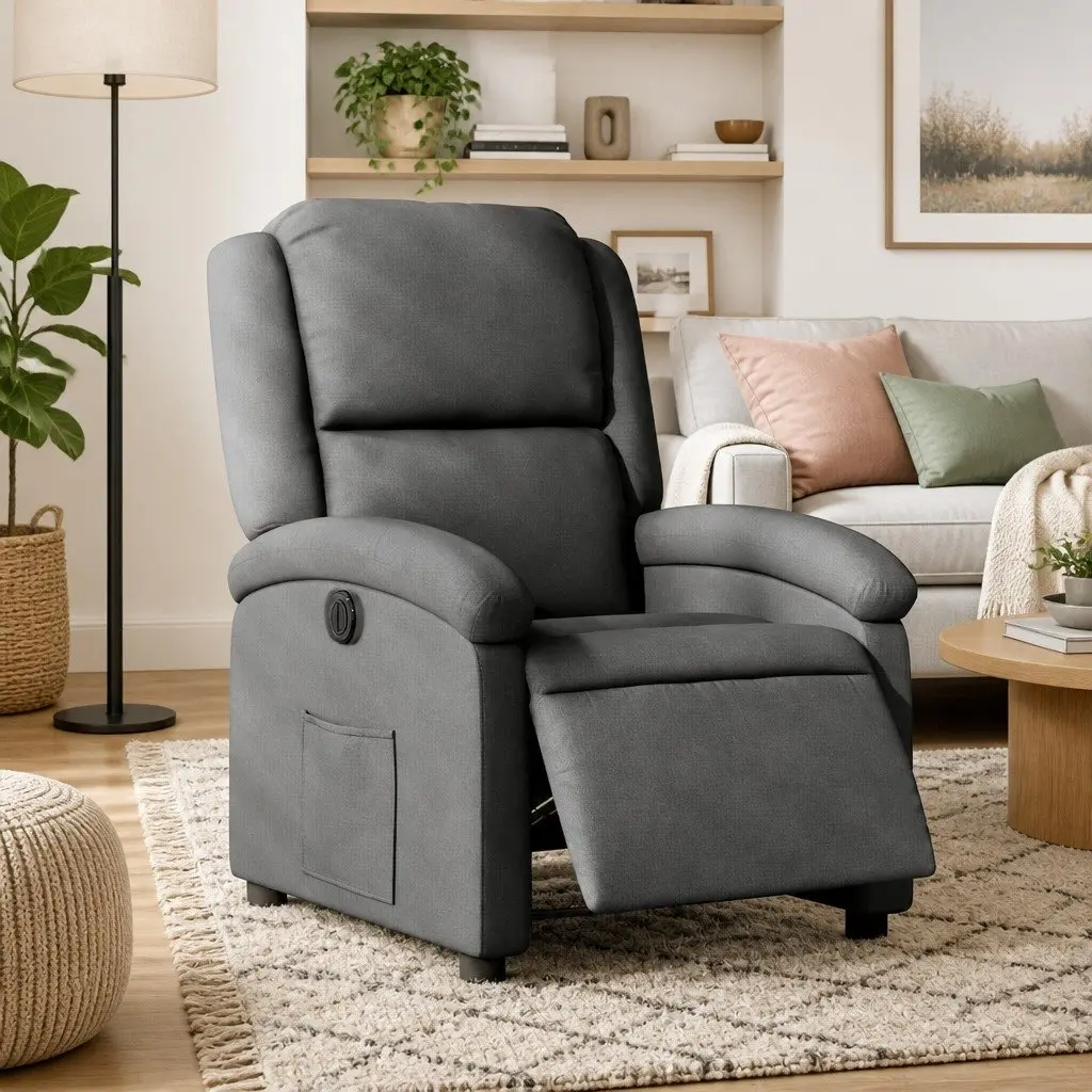 Electric Recliner Chair Grey Fabric with Adjustable Backrest and Footrest 135 Degrees
