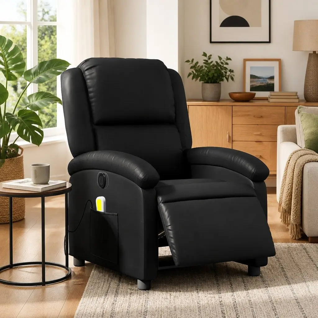 Electric Massage Recliner Chair Black Faux Leather 6 Massage Points Automatic Reclining