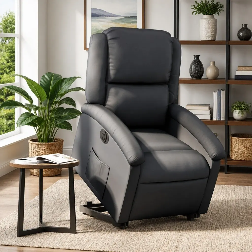 Electric Stand Up Recliner Chair Black Leather Power Lift and Reclining Functions