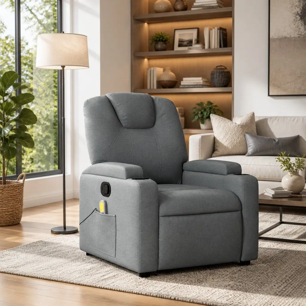 Massage Recliner Chair Grey Fabric Manual Reclining Vibration Massage 6 Massage Points