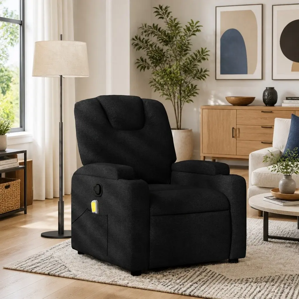 Massage Recliner Chair Black Fabric Manual Reclining with 6 Massage Points and Adjustable Footrest