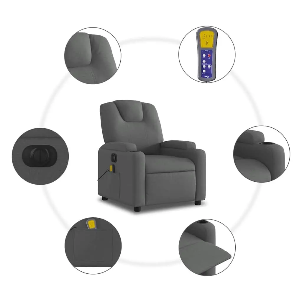 Electric Massage Recliner Chair Grey Fabric Motorised Reclining 6 Point Vibration Massage