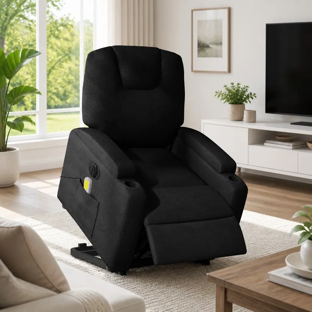 Electric Massage Recliner Chair Black Fabric Vibration Lift Function 135 Degrees