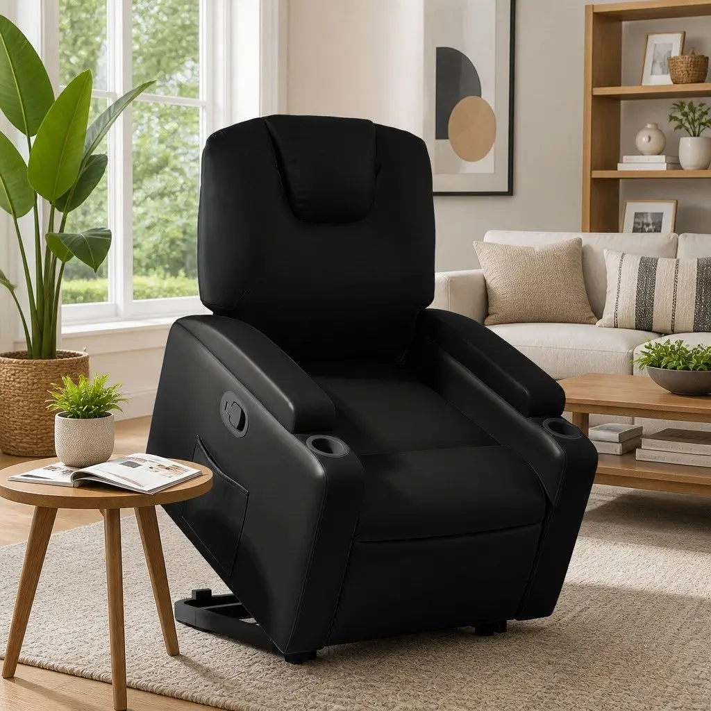 Electric Power Lift Recliner Chair Black Faux Leather Manual Recline Thickly Padded Seat