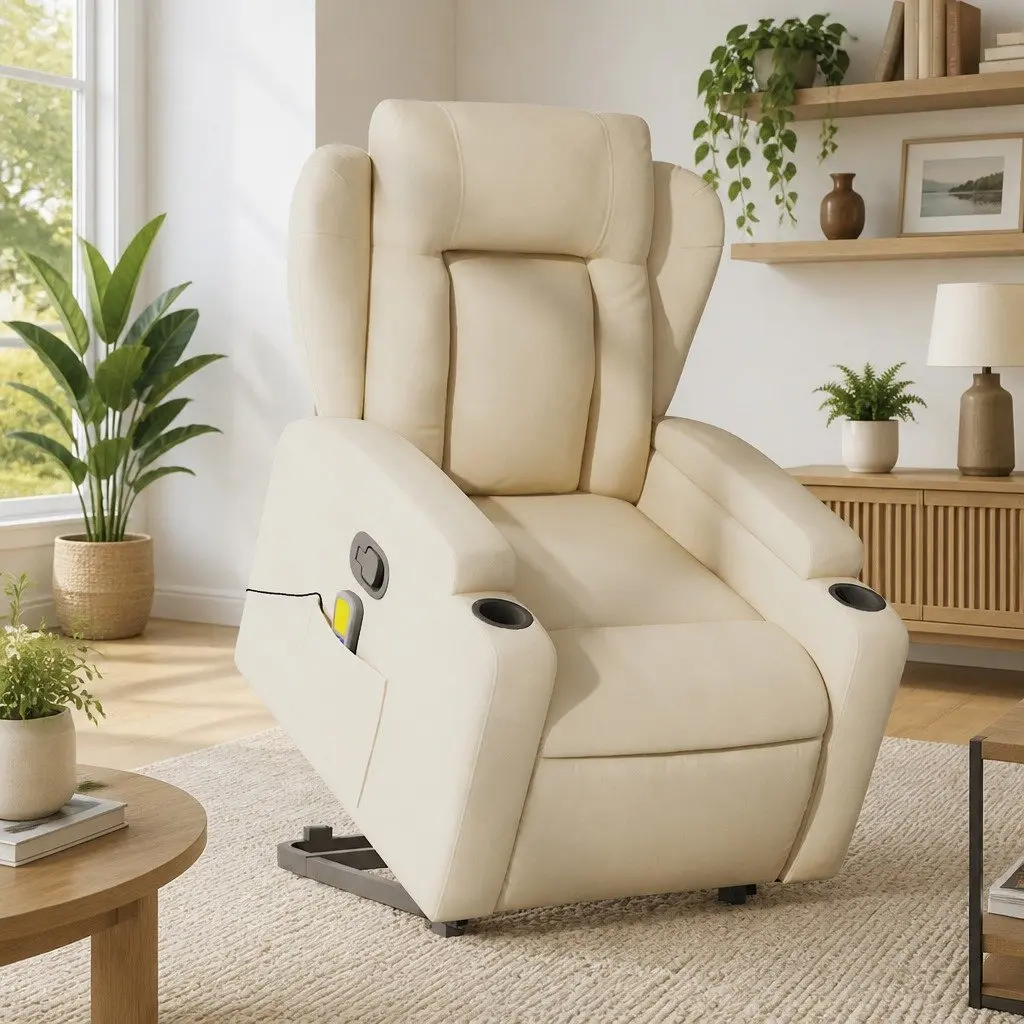 Electric Massage Recliner Chair Cream Power Lift Manual Reclining 6 Massage Points