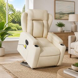 Electric Stand Up Massage Recliner Chair Cream Fabric Lift Recline Armchair