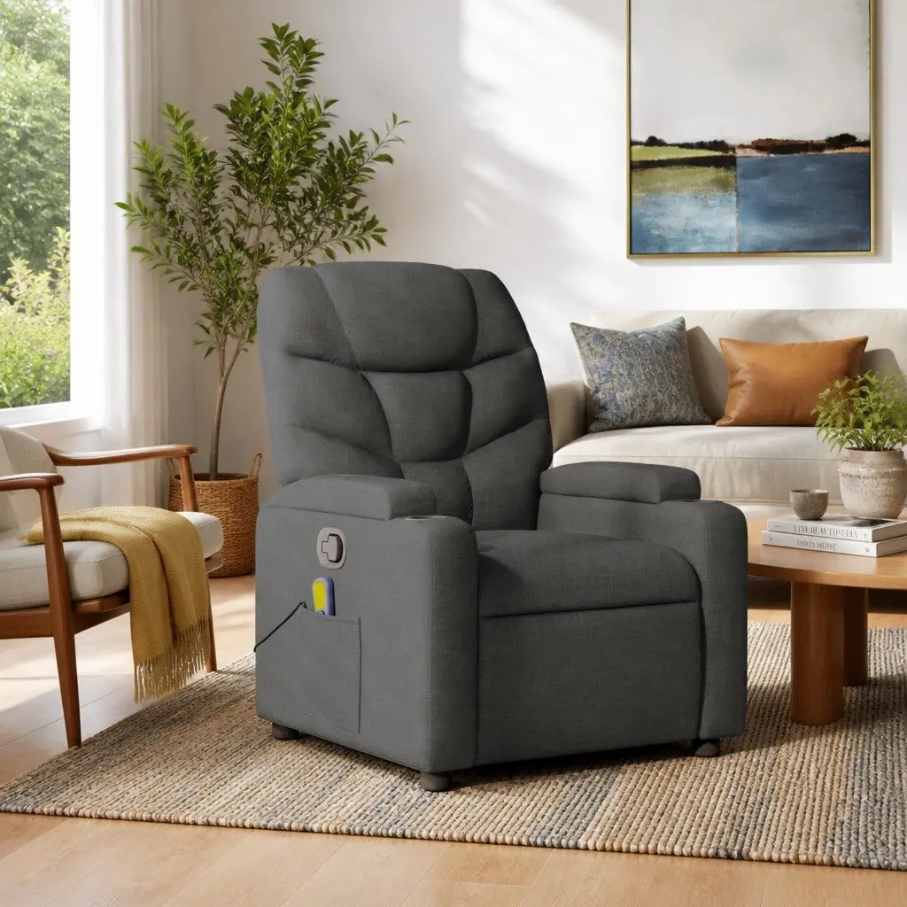 Massage Recliner Chair Grey Fabric Manual Recline 6 Point Vibration Massage Armchair