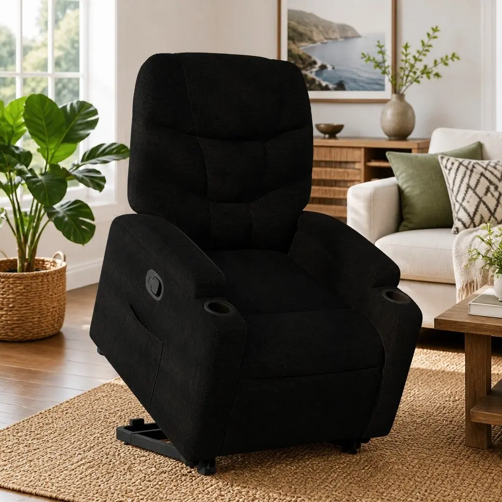 Stand Up Recliner Chair Black Fabric Power Lift Manual Recline Armchair
