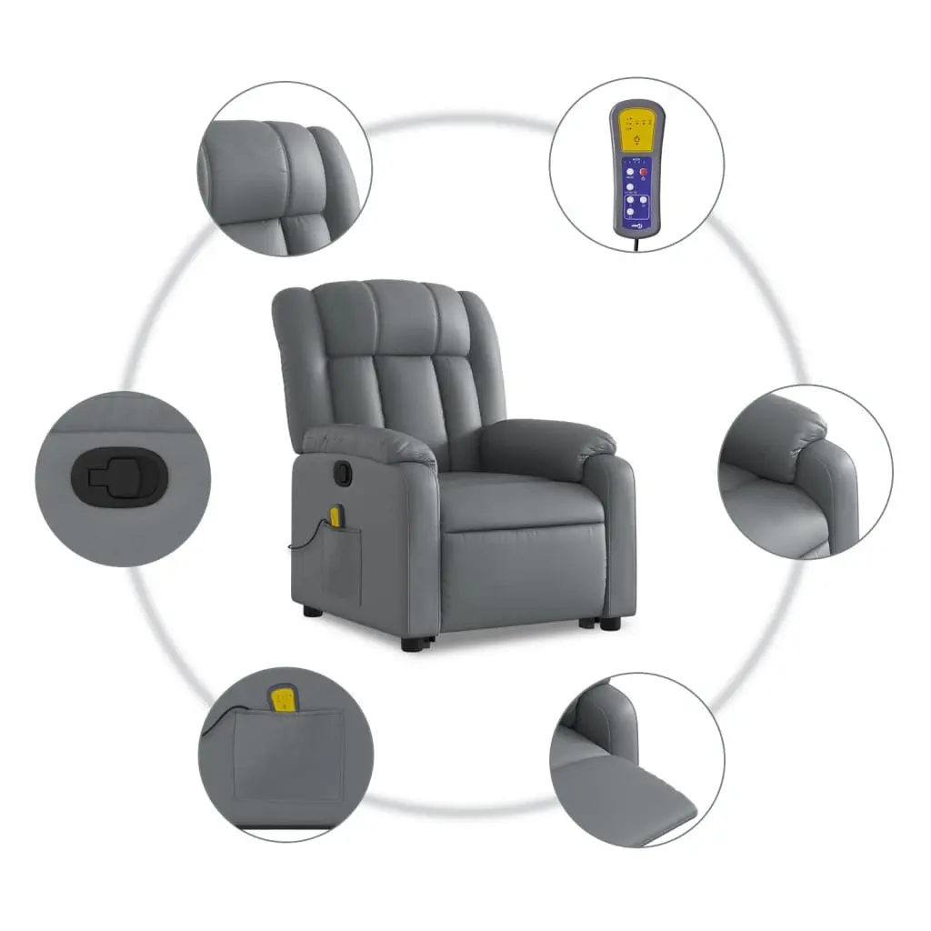 Electric Massage Recliner Chair Grey Faux Leather Adjustable Footrest 6 Massage Points