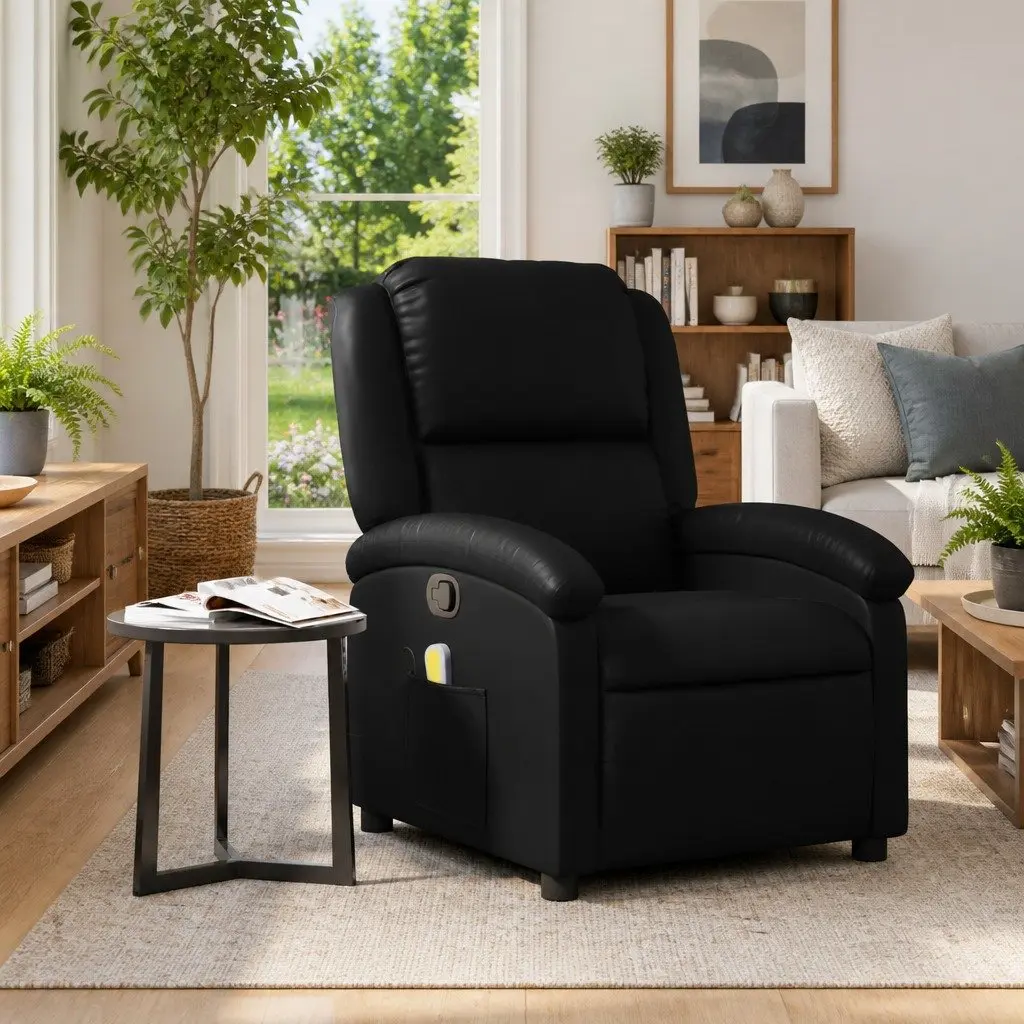 Massage Recliner Chair Black Faux Leather Manual Recline Adjustable Backrest Vibration Massage