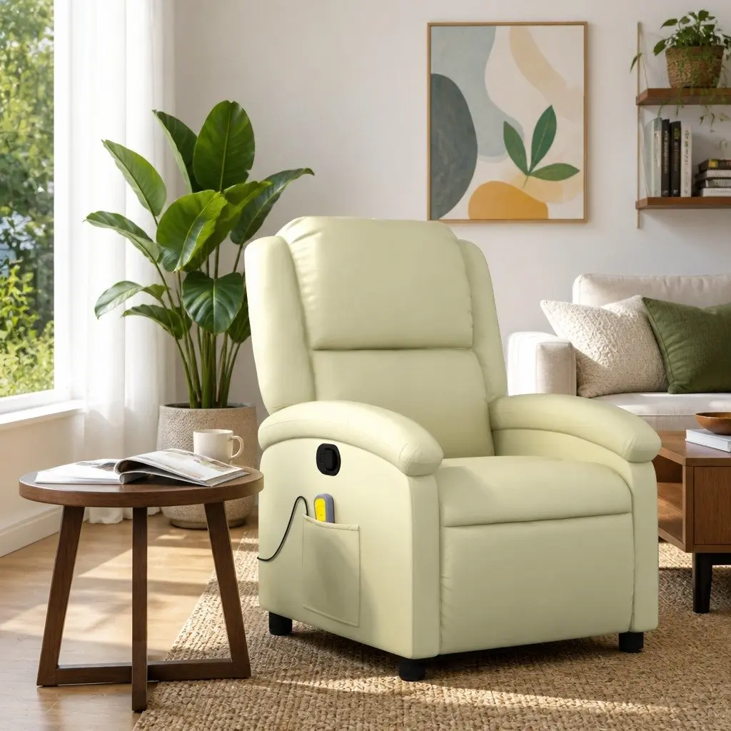 Recliner Chair Cream Leather Manual Vibration Massage 6 Points Adjustable Armchair