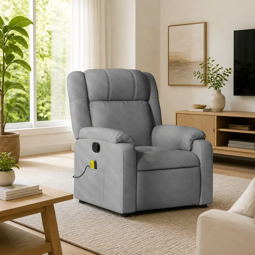 Massage Recliner Chair Light Grey Fabric Manual Reclining with Vibration Massage Feature