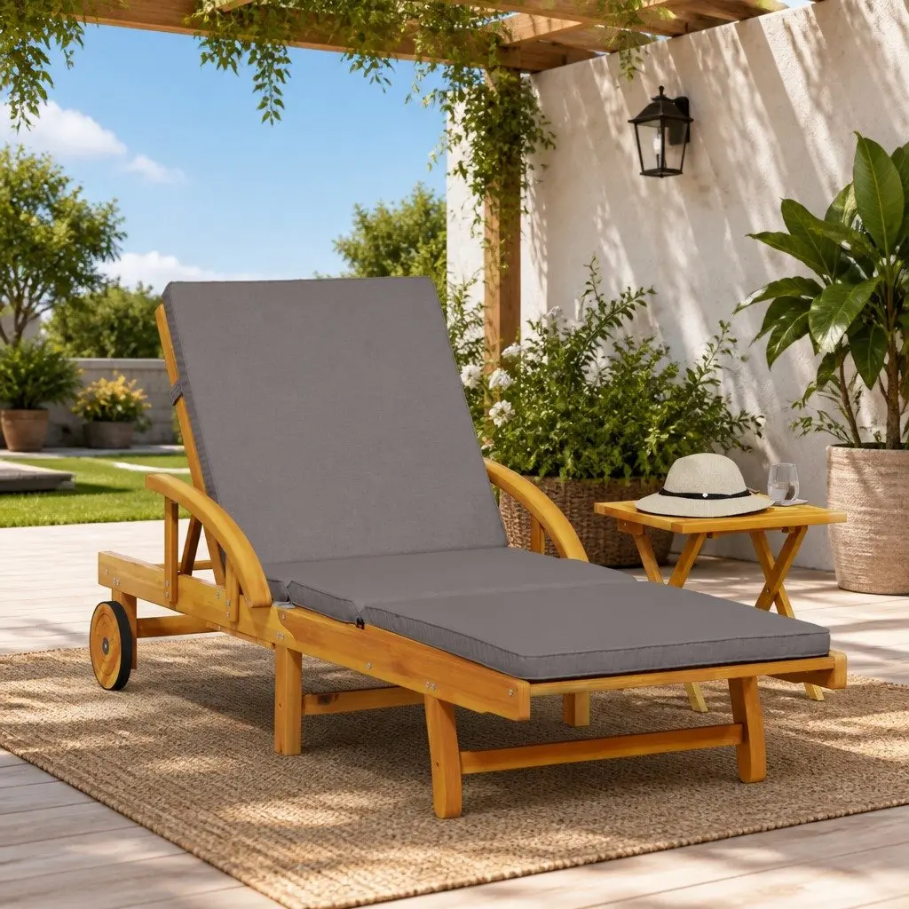 Sun Lounger with Cushion 5 Position Reclining Pull-Out Table Solid Acacia Wood Outdoor Chair