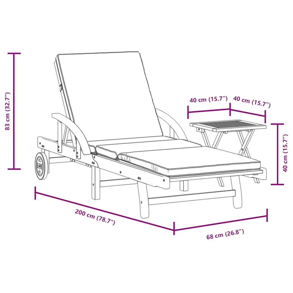 Sun Lounger with Cushion 5 Position Reclining Pull-Out Table Solid Acacia Wood Outdoor Chair