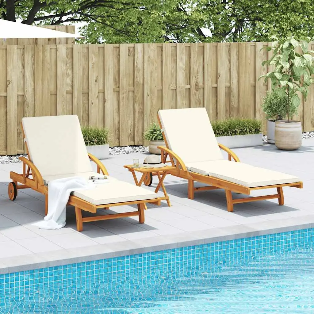 Sun Loungers Set 2 pcs Solid Wood Acacia Reclining with Pull Out Table
