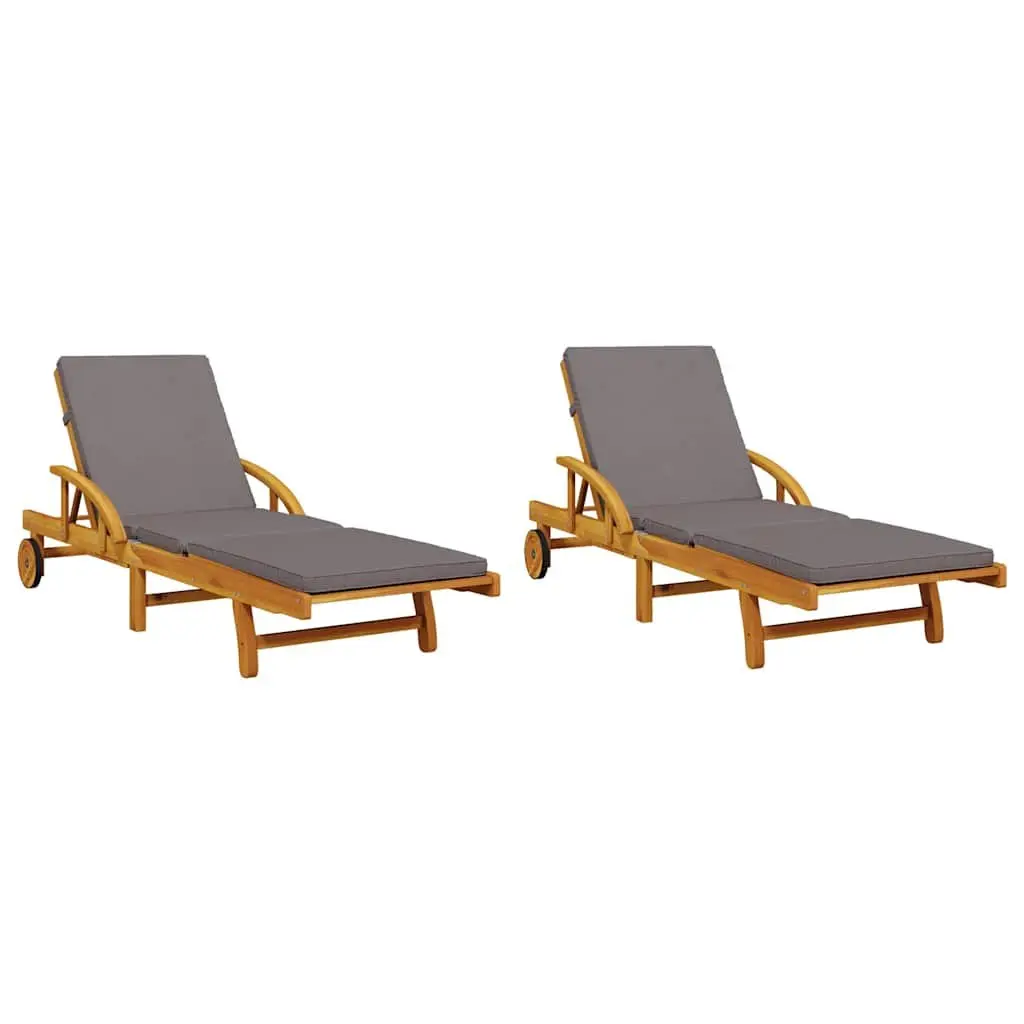 Sun Loungers 2 pcs Brown Wood 200x68x83cm with Cushions Manual Reclining 5 Positions Removable Washable Covers