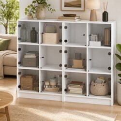 White Bookcase with Glass Doors Storage Cabinet Engineered Wood Shelving Unit