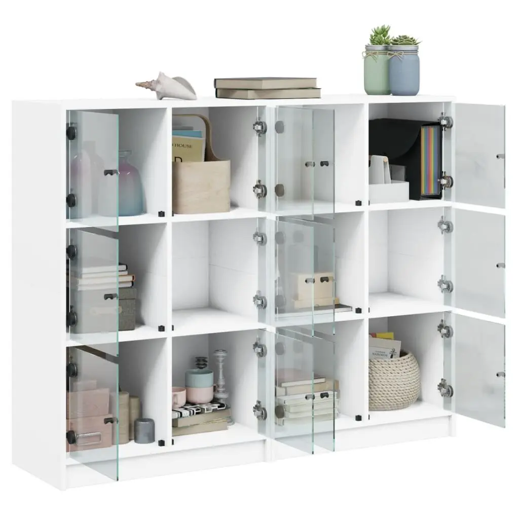 White Bookcase 136 cm Engineered Wood Glass Doors Storage Cabinet