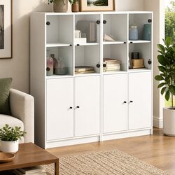 White Bookcase with Doors Storage Cabinet Engineered Wood Shelving Unit