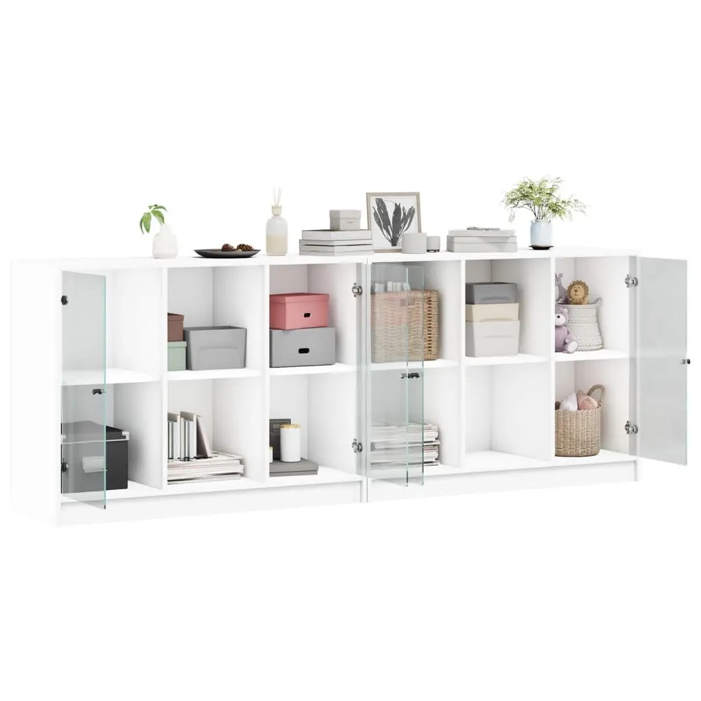 Bookcase 204x37x75cm White Glass Doors Modern Shelving Unit