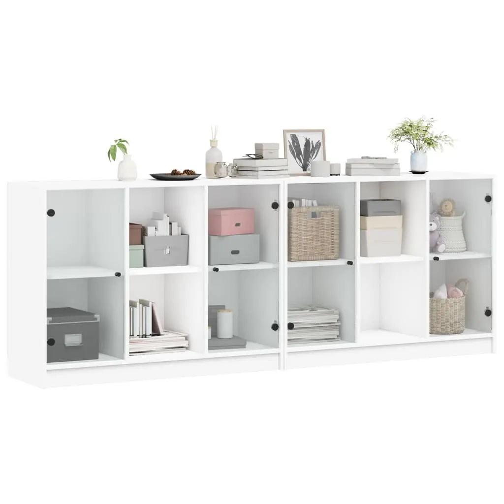 Bookcase 204x37x75cm White Glass Doors Modern Shelving Unit
