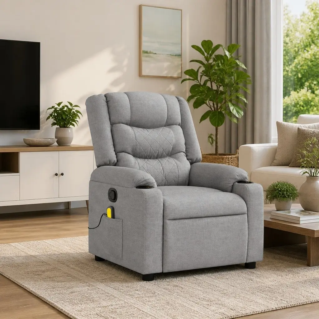 Recliner Massage Chair Grey Fabric Vibration Manual Recline Lounge Armchair