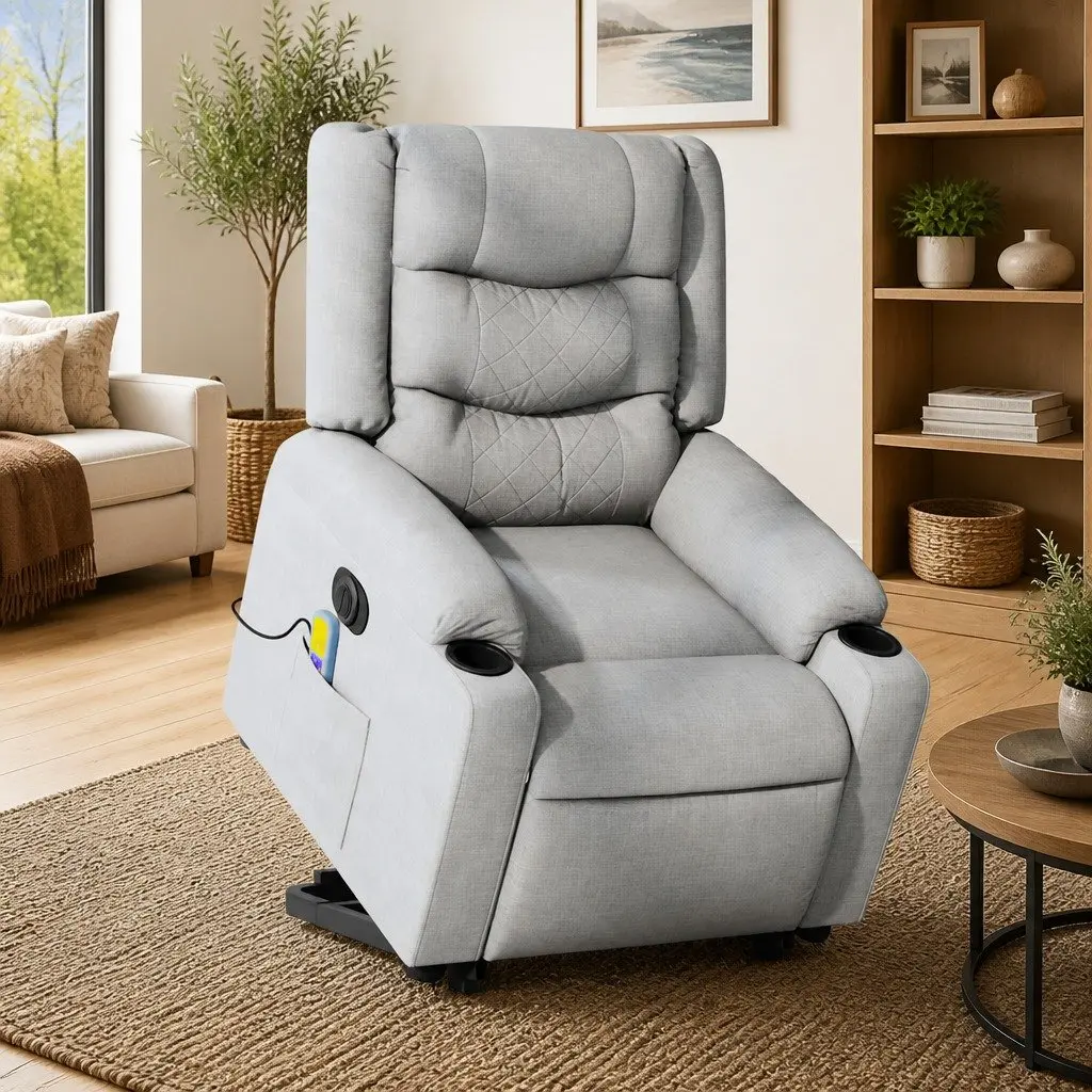 Electric Massage Recliner Chair Light Grey Fabric Power Lift Adjustable Reclining 6 Massage Points