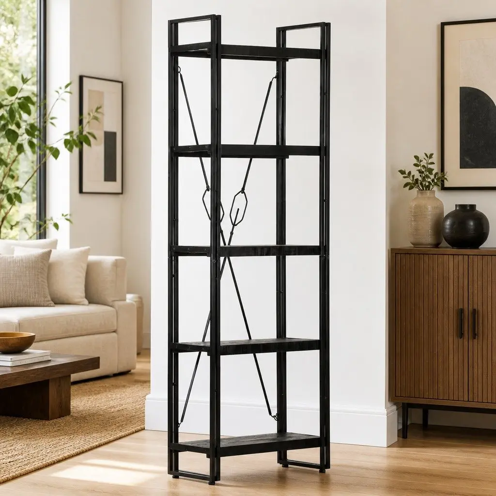 5-Tier Bookcase Black Industrial Shelving Unit Solid Mango Wood