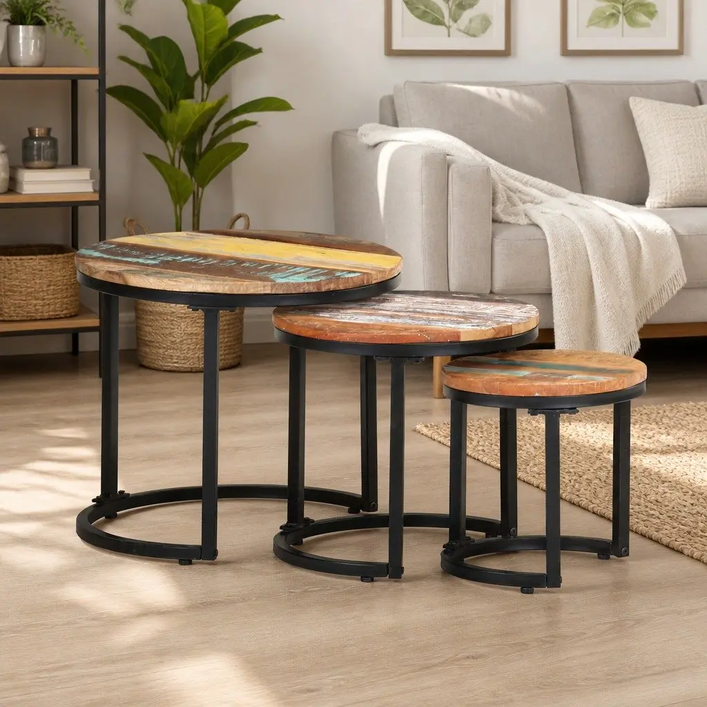 End Tables 3 Piece Set Solid Reclaimed Wood Industrial Side Tables Home Decor