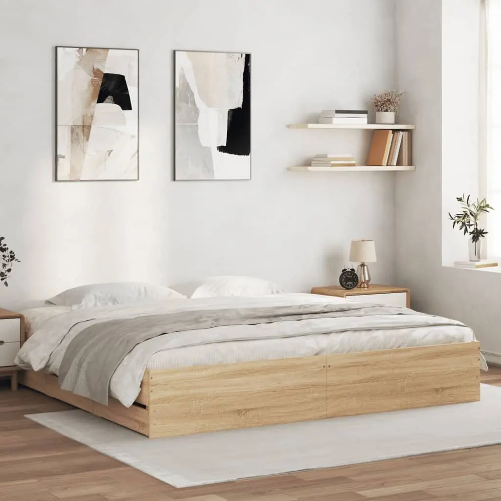 King Bed Frame 183x203cm with Storage Drawers Sonoma Oak Brown
