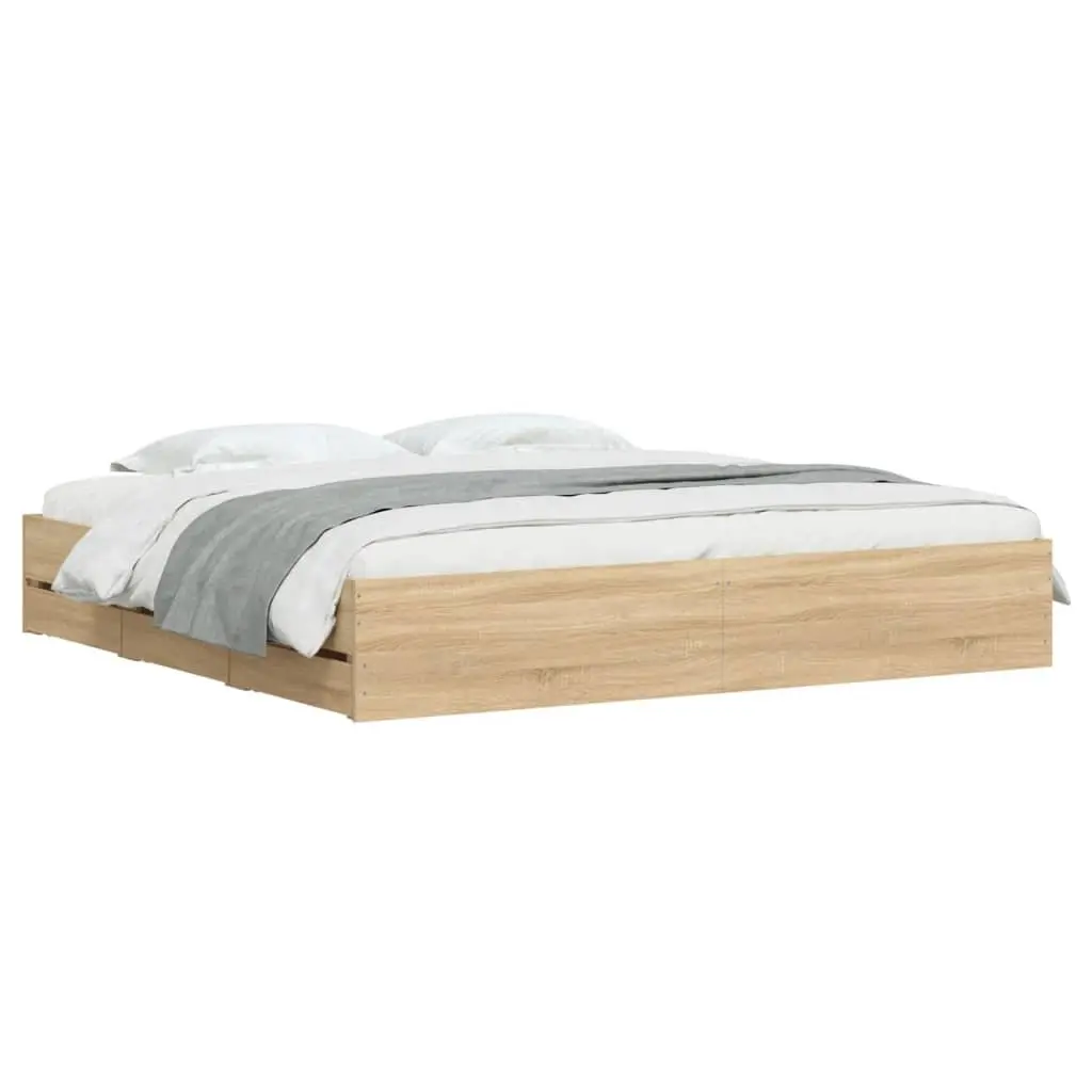 King Bed Frame 183x203cm with Storage Drawers Sonoma Oak Brown